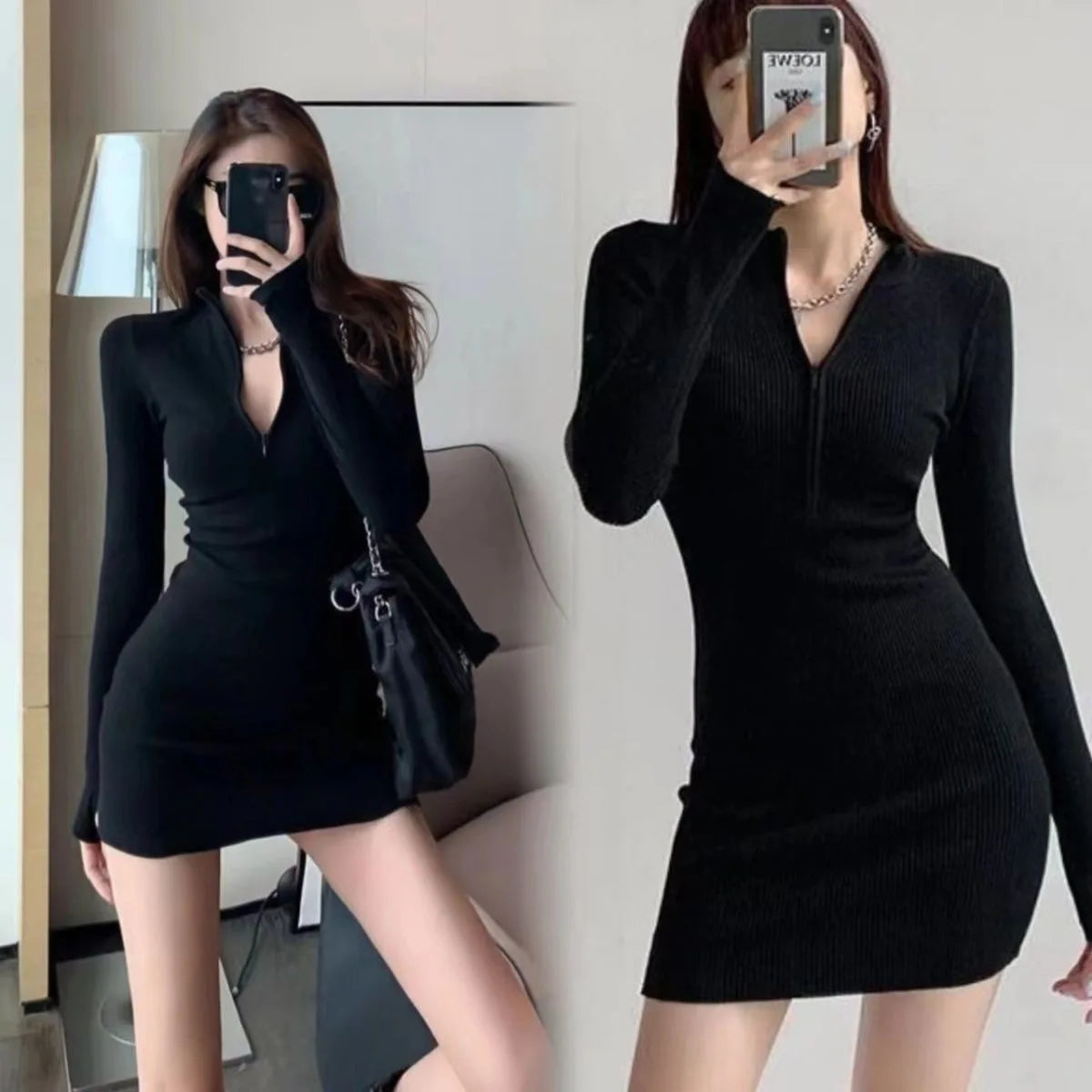Black Bodycon Mini Dress with Coat Inner Wear Spring Autumn Seasonal Fashion Street Style Polyester Spandex Blend Dress